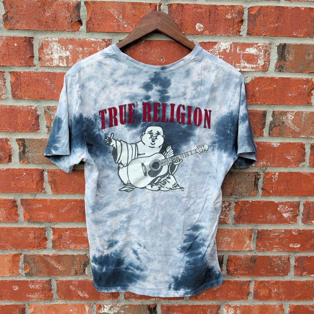 True Religion Graphic T-Shirt Mens Small‎ Blue Tie Dye World Tour Buddha Guitar